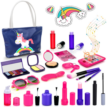 (ABC)(Prohibited Product on Amazon)21 PCS Pretend Makeup for Girls, Pretend Play Makeup , Makeup Toy Set Includes Make-up Bag, Lipstick, Eye Shadow, Brush, Gift for Girls to Play Game, Christmas, Birt
