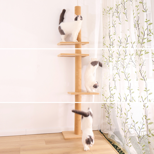 Three Tier Floor-to-Ceiling Cat Tree Cat Climbing Tree 9 Feet Khaki