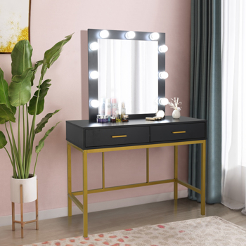 Single Mirror With 2 Drawers And Light Bulbs, Steel Frame Dressing Table Black