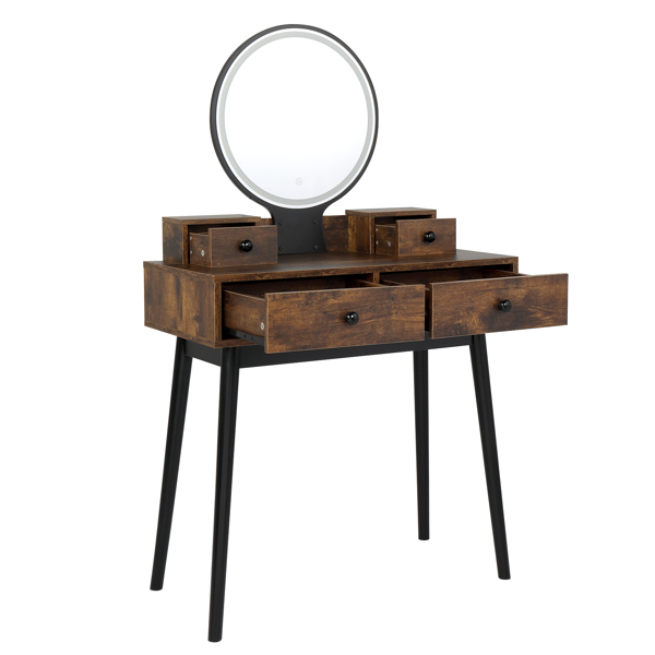 Vanity Set with Touch Screen Lighted Mirror, Makeup Table with Cushioned Stool, 4 Drawers, Rustic Brown and Black