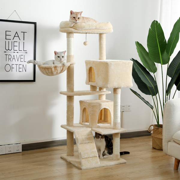 Multi-functional Cat Tree Tower with Sisal Scratching Post, 2 Cozy Condos, Top Perch, Hammock, Climbing ladder and Dangling Ball Beige