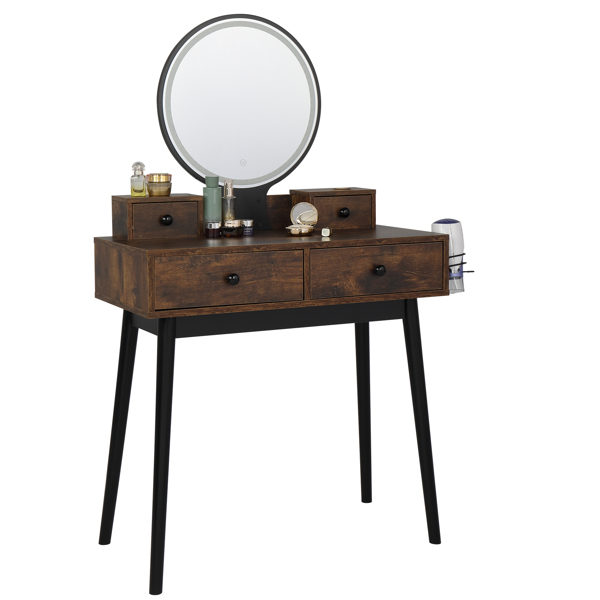 Vanity Set with Touch Screen Lighted Mirror, Makeup Table with Cushioned Stool, 4 Drawers, Rustic Brown and Black