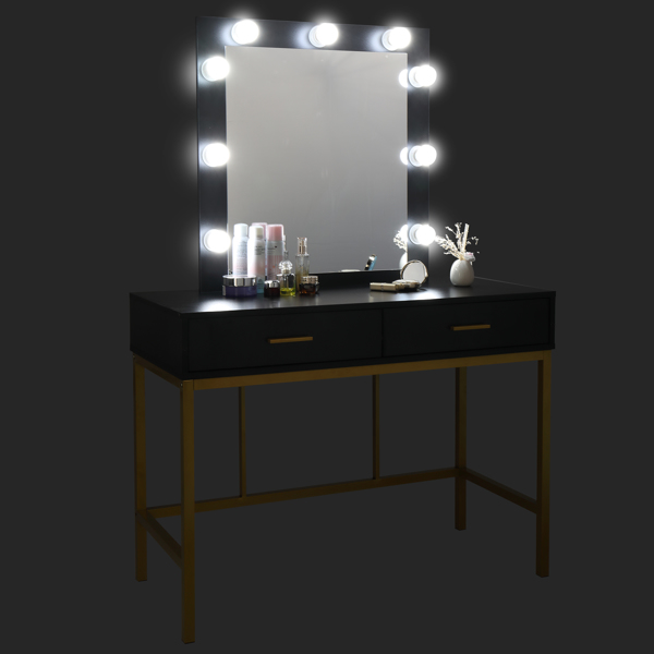 Single Mirror With 2 Drawers And Light Bulbs, Steel Frame Dressing Table Black