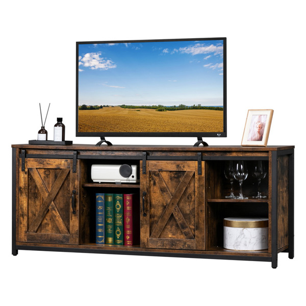 3-layer Double Barn Door with Sliding Rail X-shaped Panel TV Cabinet MDF with Triamine Retro Brown