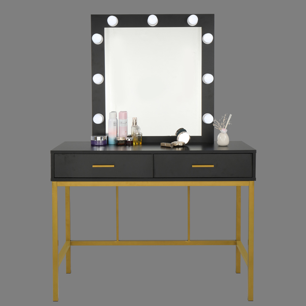 Single Mirror With 2 Drawers And Light Bulbs, Steel Frame Dressing Table Black