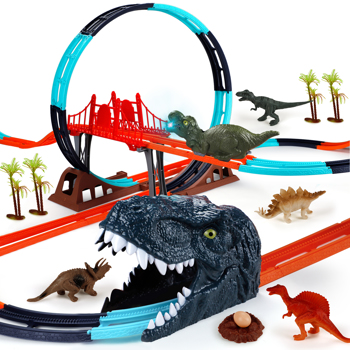 (Prohibited Product on Amazon)Dinosaur Toys Race Track for Boys with 1 Rechargeable Dinosaur Car, 4 Dinosaur Figures, Flexible Track Playset Toy with Light and Sound, Create A Dinosaur World for Kids 