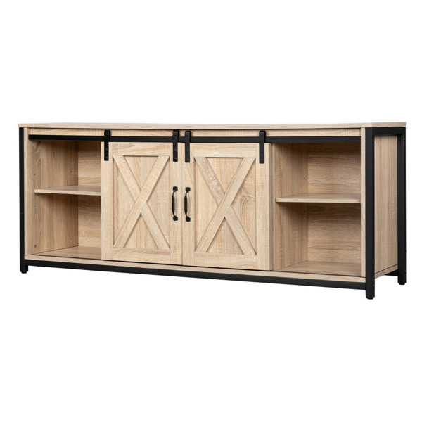 3-layer Double Barn Door with Sliding Rail X-shaped Panel TV Cabinet MDF with Triamine White oak Color