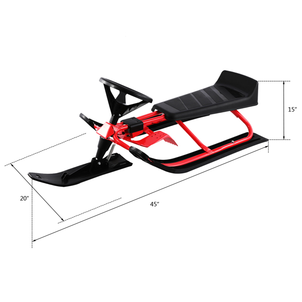【Ski supplies】Snow Racer Sled, Steering Ski Sled Slider with Steel Frame, Pull Rope & Twin Brakes for Kids Age 4 & up, Teenager & Adult, 45 x 20 x 15'' (Red & Black)