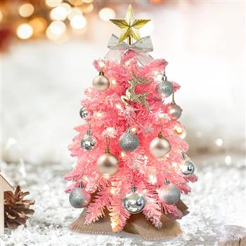 Exquisite Christmas Tree with LED Lights, 2ft TableTop Mini Small Xmas Trees for Office, Home, Restaurant, Pink Flocked Artificial Arbol de Navidad with Decoration 