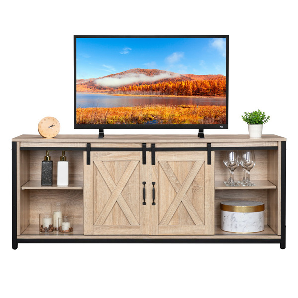 3-layer Double Barn Door with Sliding Rail X-shaped Panel TV Cabinet MDF with Triamine White oak Color