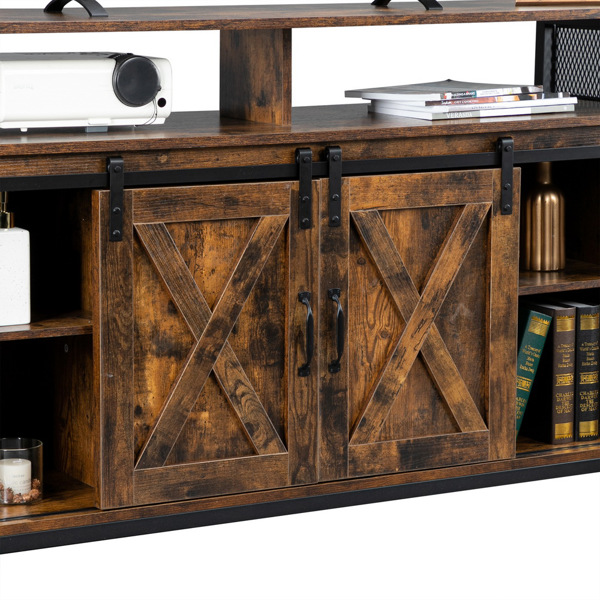 4-layer Double Barn Door with Sliding Rail X-shaped Panel TV Cabinet Industrial Wind MDF with Triamine Retro Brown