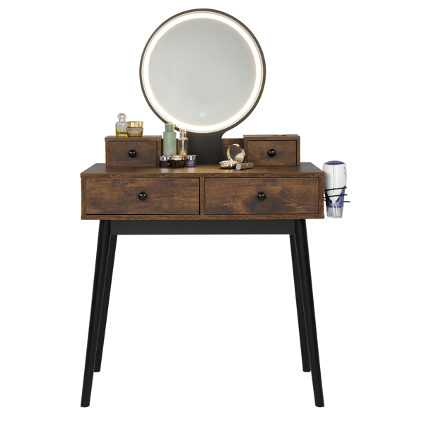 Vanity Set with Touch Screen Lighted Mirror, Makeup Table with Cushioned Stool, 4 Drawers, Rustic Brown and Black