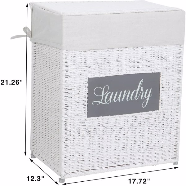 Laundry Hamper with Lid Laundry Basket with Handles Liner Bag Paper Woven Hampers for Laundry Clothes Storage Basket for Bedroom Bathroom (White)