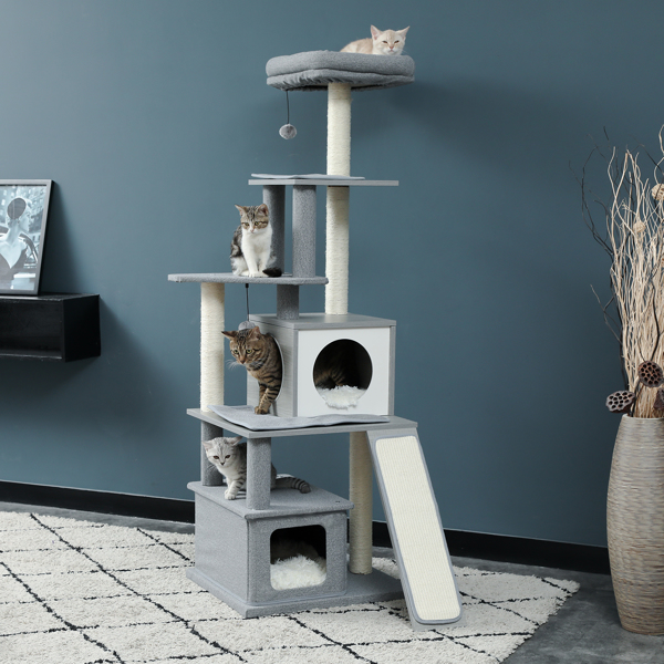 Modern Wood Cat Tree Tower With Scratching Posts, 2 Condos And Top Perch For Small&Medium Cat Grey (Minimum Retail Price for US: USD 119.99)