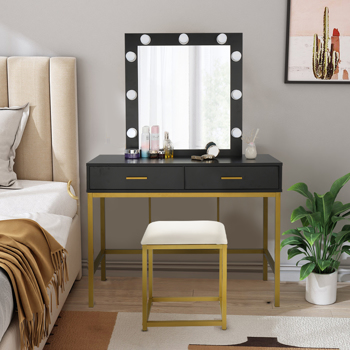 FCH Single Mirror With 2 Drawers And Light Bulbs, Steel Frame Dressing Table Black