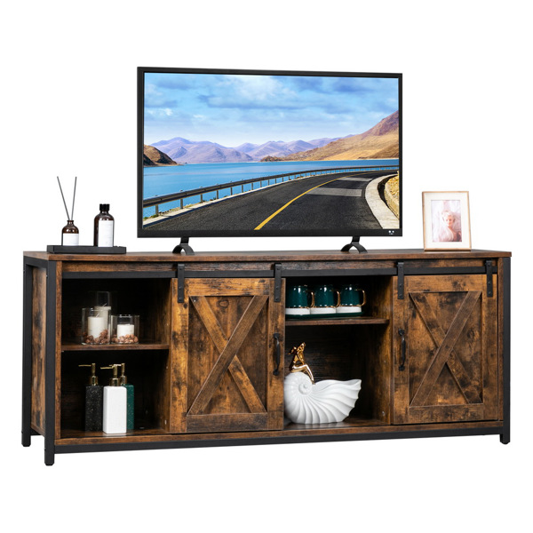 3-layer Double Barn Door with Sliding Rail X-shaped Panel TV Cabinet MDF with Triamine Retro Brown