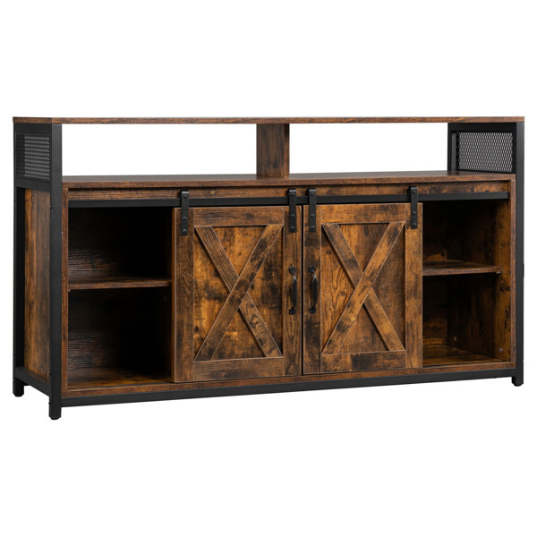 4-layer Double Barn Door with Sliding Rail X-shaped Panel TV Cabinet Industrial Wind MDF with Triamine Retro Brown