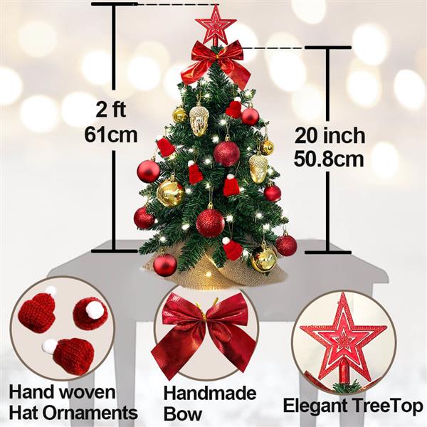 Exquisite Christmas Tree with LED Lights, 2ft Small Tabletop Mini Red Artificial Xmas Tree with Christmas Ornaments