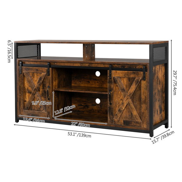 4-layer Double Barn Door with Sliding Rail X-shaped Panel TV Cabinet Industrial Wind MDF with Triamine Retro Brown