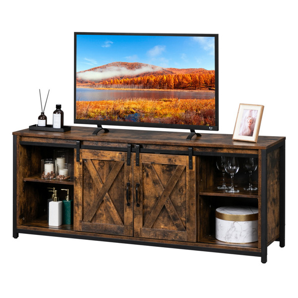 3-layer Double Barn Door with Sliding Rail X-shaped Panel TV Cabinet MDF with Triamine Retro Brown