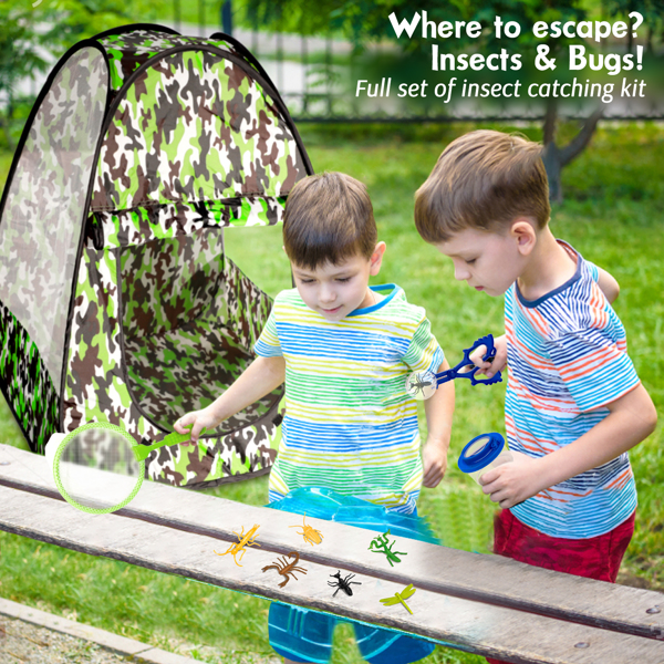 (ABC)(Prohibited Product on Amazon)Kids Camping Tent Set,15PCS Bug Catching Kit with Camouflage Military Pop Up Play Tent ,Camping Toys Kids Explorer Kit, Nature Exploration Toys Butterfly Nets for Ki