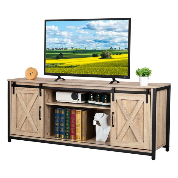 3-layer Double Barn Door with Sliding Rail X-shaped Panel TV Cabinet MDF with Triamine White oak Color