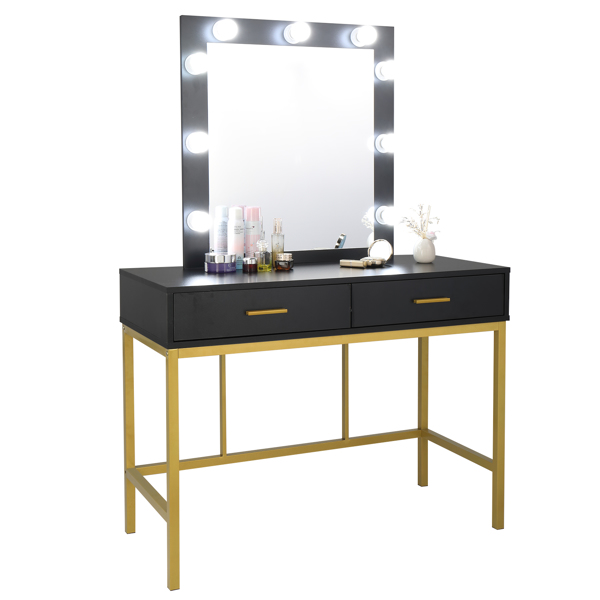 Single Mirror With 2 Drawers And Light Bulbs, Steel Frame Dressing Table Black