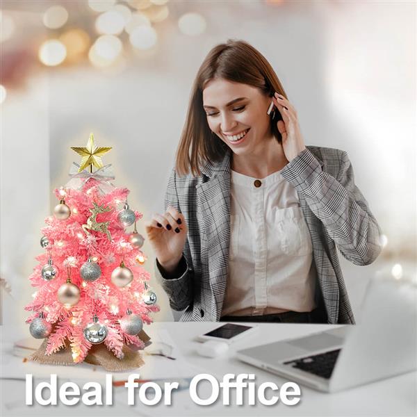 Exquisite Christmas Tree with Lights, 2ft Small Tabletop Mini Pink Artificial Xmas Tree with Christmas Ornaments