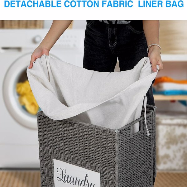Laundry Hamper with Lid Laundry Basket with Handles Liner Bag Paper Woven Hampers for Laundry Clothes Storage Basket for Bedroom Bathroom (Grey)