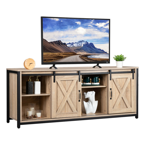 3-layer Double Barn Door with Sliding Rail X-shaped Panel TV Cabinet MDF with Triamine White oak Color