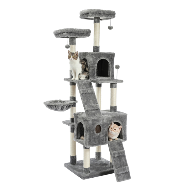 Cat Tree With Scratching Posts Natural Sisals,Kitten Play House With 2 Condos Spacious Perches Cat Climbing Tower Furniture Grey