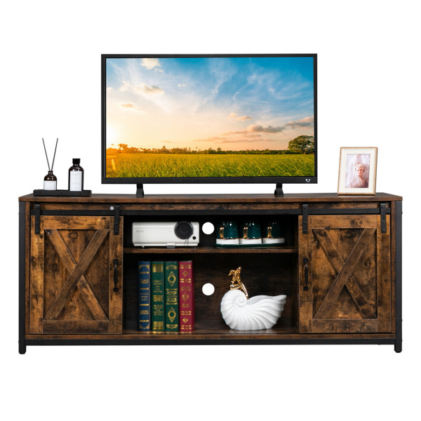 3-layer Double Barn Door with Sliding Rail X-shaped Panel TV Cabinet MDF with Triamine Retro Brown