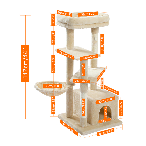 Multi-Level Modern Cat Tree with Scratching Post, Cozy Condo, Top Perch, Hammock and Dangling Ball For Small to Medium Cats Beige