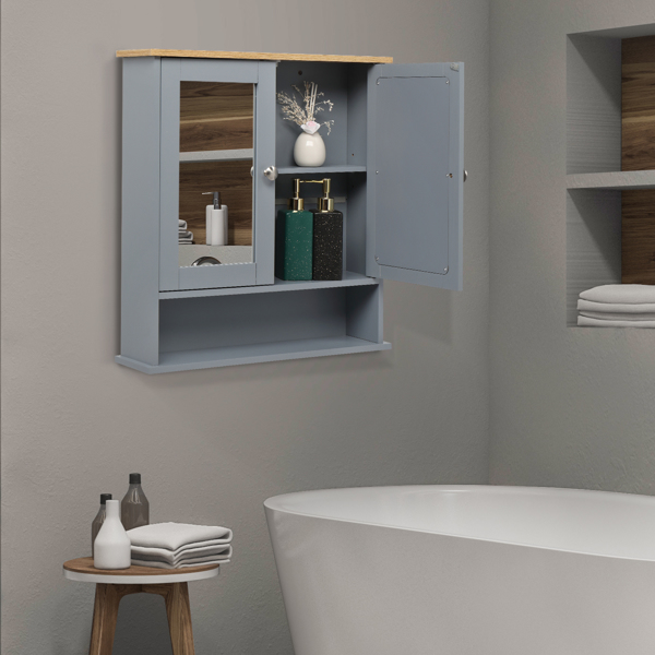2 Mirror Door 1 Storage Layer MDF Spray Paint Bathroom Wall Cabinet Gray
