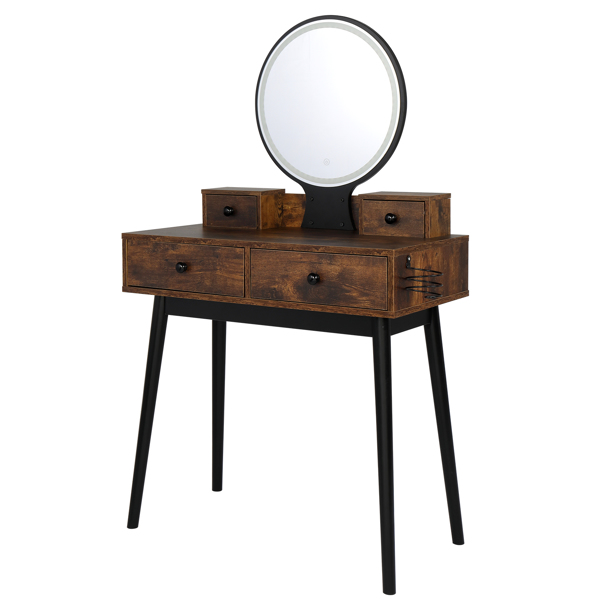 Vanity Set with Touch Screen Lighted Mirror, Makeup Table with Cushioned Stool, 4 Drawers, Rustic Brown and Black