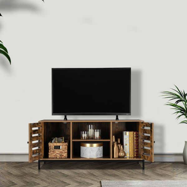 HODELY Retro Brown Industrial Style Indoor Living Room Louver Shape Double Door Double Shelf TV Cabinet