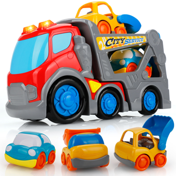 (Prohibited Product on Amazon)Car Toys for Toddler 2 3 4 5 Years Old, 11 inch Sound and Light Big Transport Carrier Trailer, Kids Assorted Construction Vehicles, Bulldozer, Dump Truck, Boy Girl Birthd