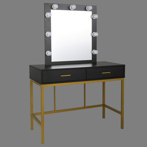 Single Mirror With 2 Drawers And Light Bulbs, Steel Frame Dressing Table Black