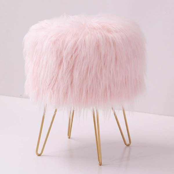  Faux Fur Vanity Stool Ottoman, Fluffy Stools for Dressing Table With Golden Metal Legs, Extra Seat for Living Room Bedroom Decorative Furniture Foot Rest (Pink)