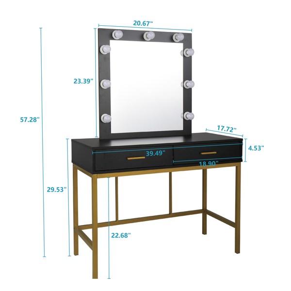 Single Mirror With 2 Drawers And Light Bulbs, Steel Frame Dressing Table Black