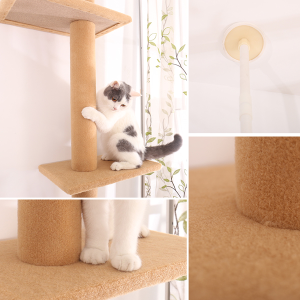 Three Tier Floor-to-Ceiling Cat Tree Cat Climbing Tree 9 Feet Khaki
