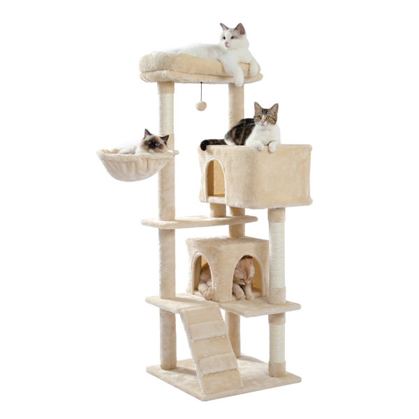 Multi-functional Cat Tree Tower with Sisal Scratching Post, 2 Cozy Condos, Top Perch, Hammock, Climbing ladder and Dangling Ball Beige