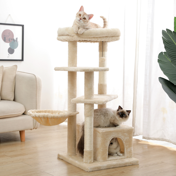 Multi-Level Modern Cat Tree with Scratching Post, Cozy Condo, Top Perch, Hammock and Dangling Ball For Small to Medium Cats Beige