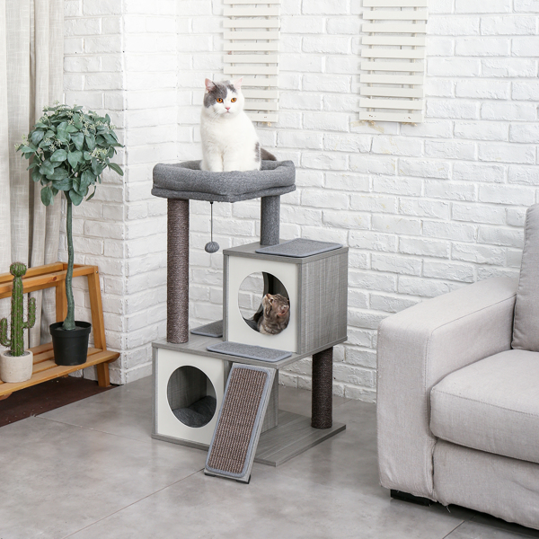 Modern Wood Cat Tree Cat Tower With Double Condos Spacious Perch Sisal Scratching Posts and Replaceable Dangling Balls (Minimum Retail Price for US: USD 99.99)