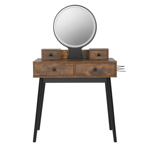 Vanity Set with Touch Screen Lighted Mirror, Makeup Table with Cushioned Stool, 4 Drawers, Rustic Brown and Black