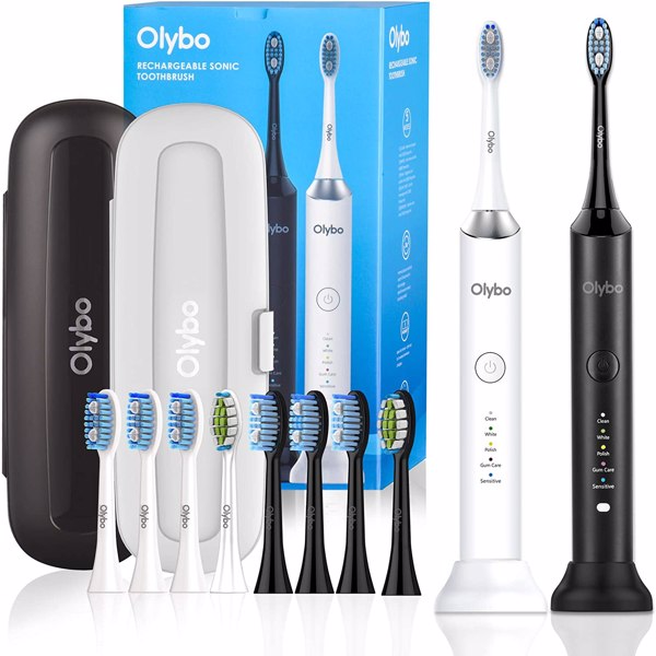 Olybo elektrische Zahnbürste doppelpack, mit 2 Schallzahnbürste Handstück und 2 Reise-Etui, 5 Modi mit 10 Ersatzbürstenköpfe