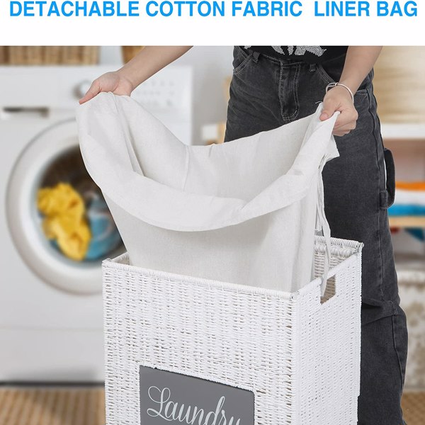 Laundry Hamper with Lid Laundry Basket with Handles Liner Bag Paper Woven Hampers for Laundry Clothes Storage Basket for Bedroom Bathroom (White)