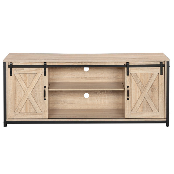 3-layer Double Barn Door with Sliding Rail X-shaped Panel TV Cabinet MDF with Triamine White oak Color