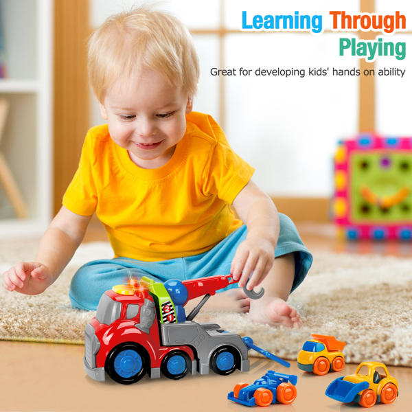 (ABC)(Prohibited Product on Amazon)Toy Crane Trucks for Boys 1 2 3 Years Old, Construction Truck Toy Set Toddlers Boys Girls Toys, Push and Go Play Vehicle Crane, Bulldozer, Dumper, Race Car with Soun