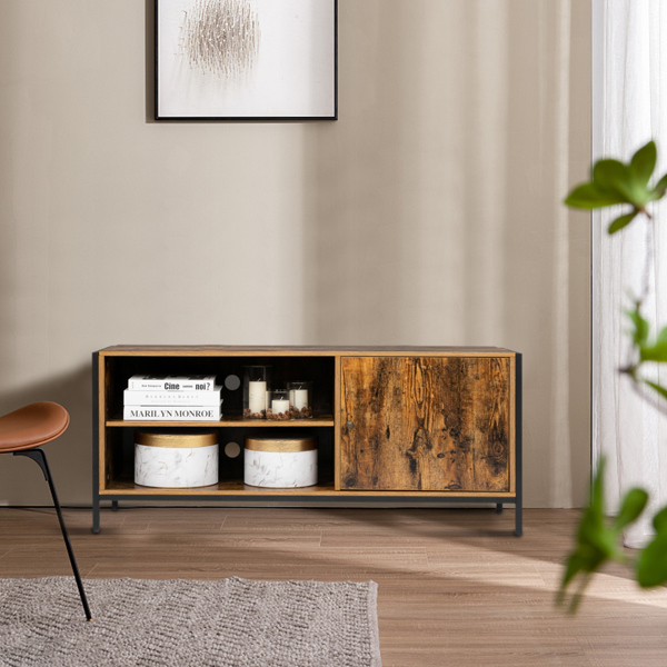 HODELY Retro Brown Industrial Style Indoor Living Room Single Door Double Rack Wooden TV Cabinet